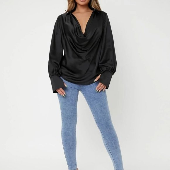 Draped Cowl Neck Long Lantern Bishop Sleeve Blouse - Satin black - Picture 4 of 6